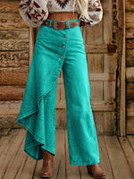 Vintage Aztec Art Print Ruffles Buttons Denim Jeans