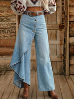 Vintage Aztec Art Print Ruffles Buttons Denim Jeans