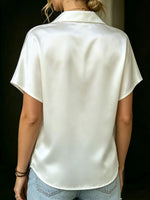 Women's White Satin V-neck Short-sleeve Shirt