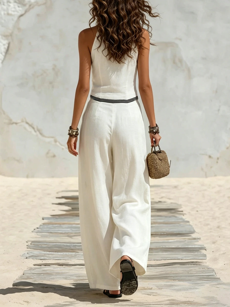 Women's White And Black Wavy Striped Decorated Cotton-linen Two-piece Set