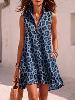 Vintage-style Zipper Stand-collar Leopard Print Cotton-linen Dress