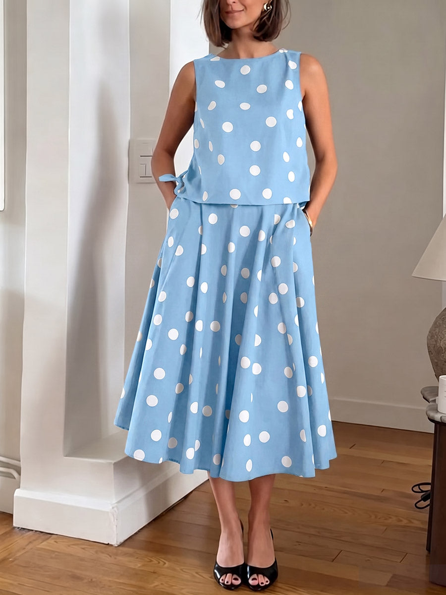 Women's Polka-dot Print Cotton-linen Set: Sleeveless Round-neck Loose-fit Top & High-waisted A-line Skirt