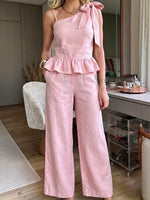 Women's Solid-color Sleeveless Loose-fit Cotton-linen Cami Top And High-waisted Wide-leg Pants Set