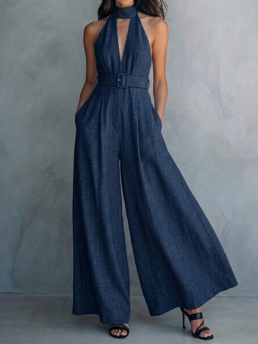 Women's Deep V-neck Cotton And Linen Jumpsuit