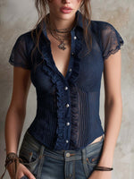 Sheer Lace Ruffled Fitted Short-sleeve Blouse