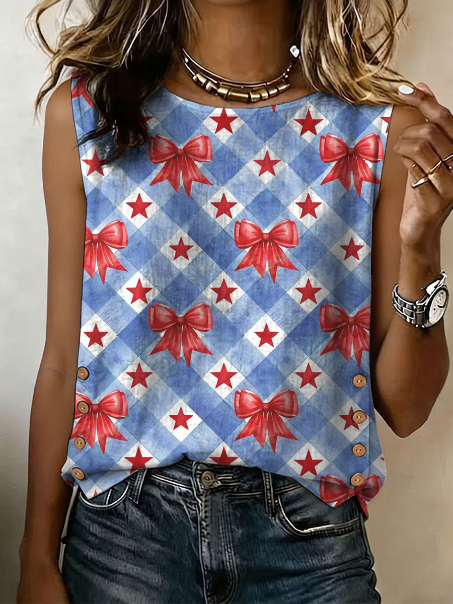 Independence Day Bow And Star Decorative Pattern Women's No Sleeve Cotton Shirt