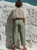 Stylish Casual Two-piece Set: Lace Top And Linen-cotton Trousers