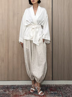 Women's Lazy Design Striped Lantern Pants Cotton And Linen Set