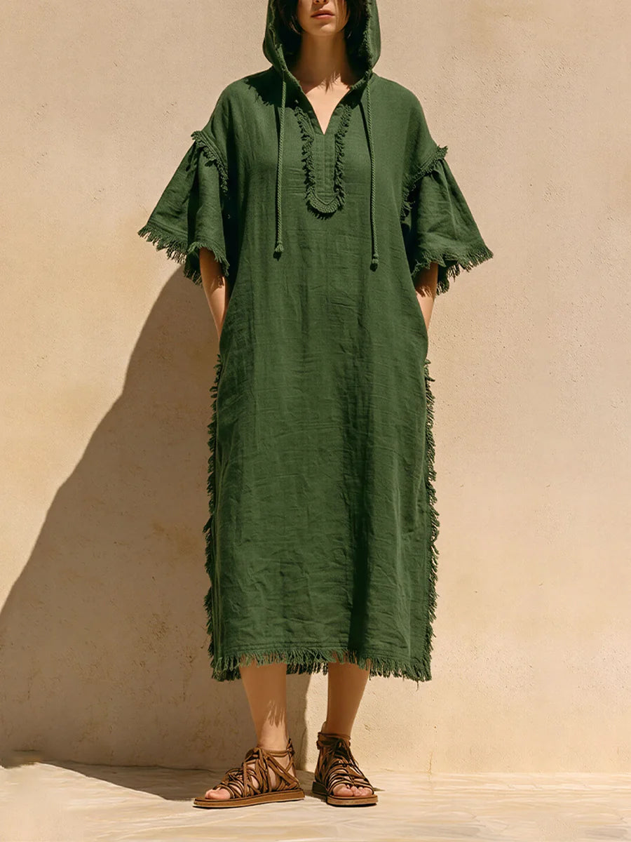 Women's Ethnic Style Loose Hooded Cotton And Linen Dress