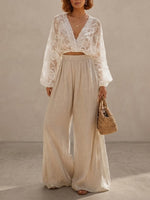 Women's Lace Top With Cotton And Linen Wide-leg Pants Set