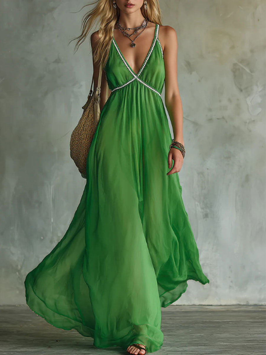 Women's Casual V-Neck Sleeveless A-Line Dress — Solid Color Chiffon Maxi Dress