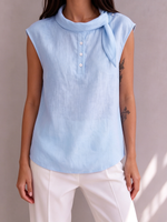 Retro Tie-collar Sleeveless Cotton-linen Top