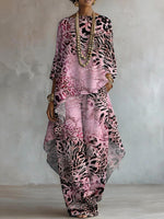 Women's Retro Leopard Art Print Casual Stylish 3/4 Sleeve Cotton Linen Suits