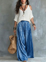 White Cold Shoulder V Neck Knit Top & Vintage Leopard Print Elastic Wide Leg Pants Set
