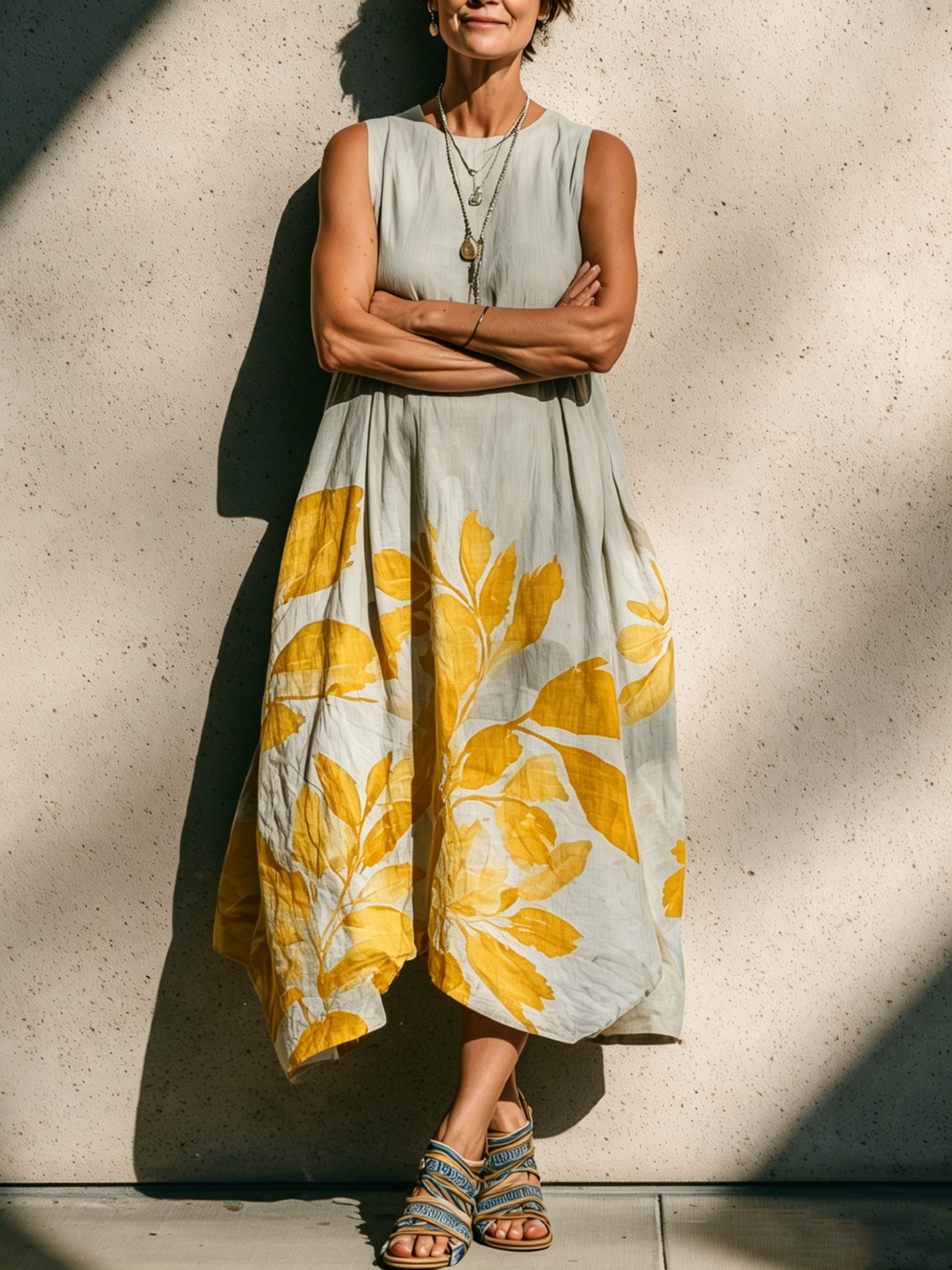 Botanical Print Sleeveless Linen-cotton Midi Dress