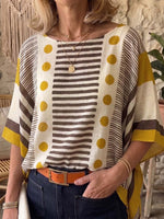 Women's Geometric Print Crew Neck 3/4 Sleeve Loose-fit Casual Cotton-linen Top