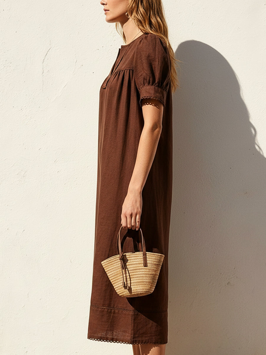 Lace Trim Puff Sleeve Linen Midi Dress