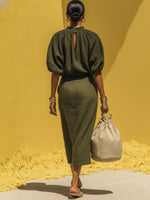 Linen-cotton Smocked Neck Puff Sleeve Top + Midi Skirt Set