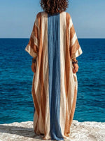Women's Striped Print V-neck Long-sleeve Casual Loose Cotton-linen Dress