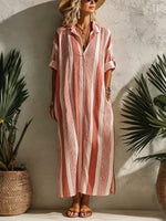 Women's Striped Print Lapel 3/4-sleeve Casual Loose Cotton-linen Dress