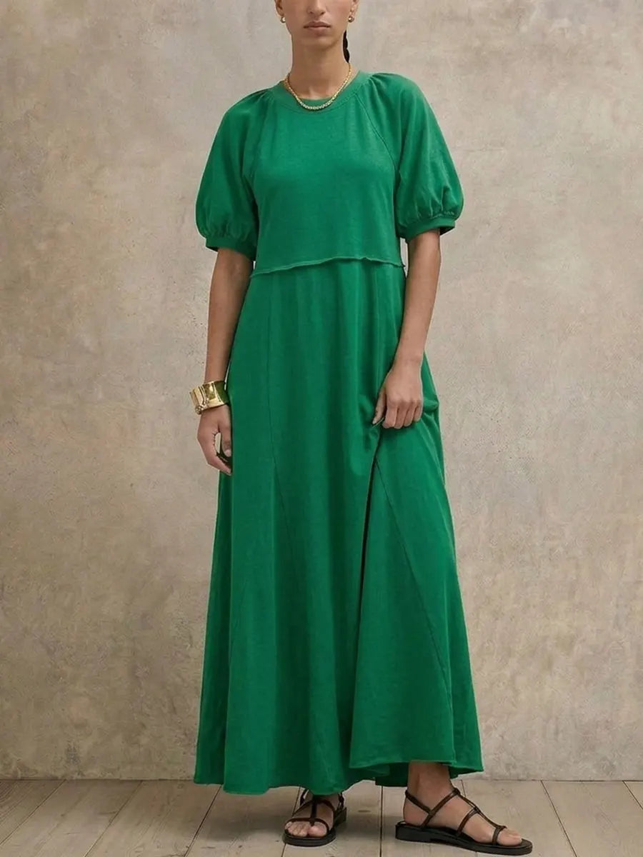 Relax Fit Bubble Short Sleeve Midi Maxi Dress, Solid Color Raglan Sleeve A-line Swing Casual Summer Dress