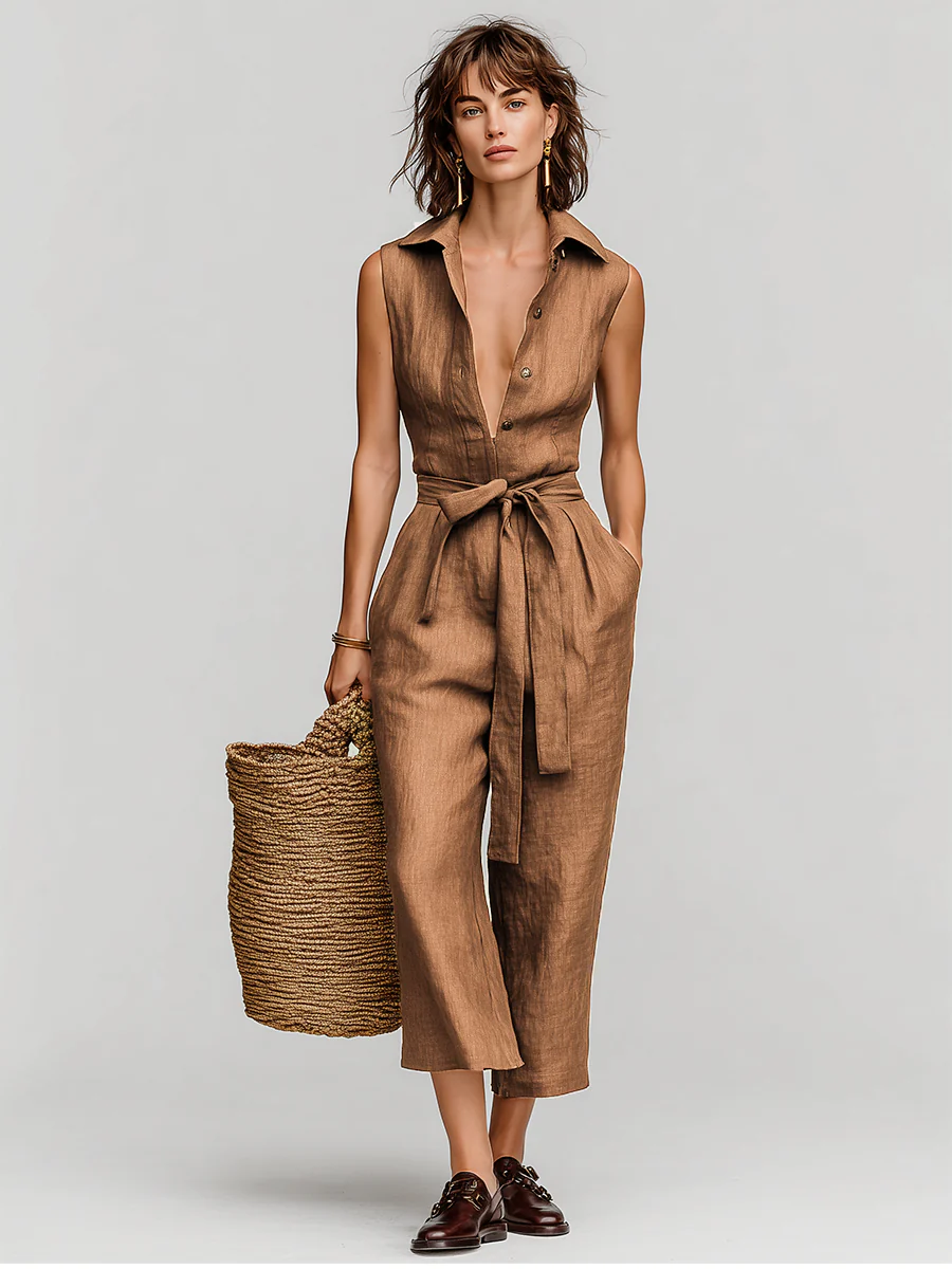 Minimalist & Cozy Sleeveless Button-front Cotton-linen Jumpsuit