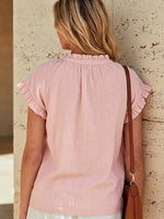 Casual Linen-cotton Short-sleeve Shirt With A Ruffled Collar