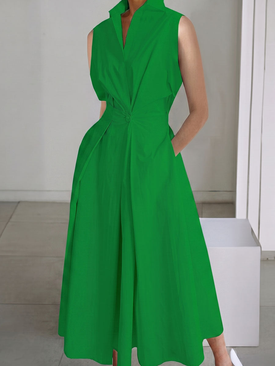 Women's Minimalist Solid-color V-neck Button-front Flared Dress