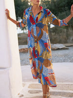 Women's Retro Abstract Polka Dot Art Print Casual Cotton Linen Shirt Dress