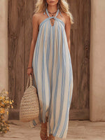 Women's Striped Print Halter-neck Sleeveless Casual Loose A-line Cotton-linen Dress