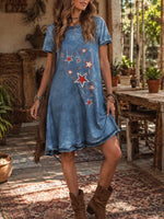 Women's Faux-denim Positioned-print Cotton Dress — Crew Neck Short Sleeve Casual Loose Fit