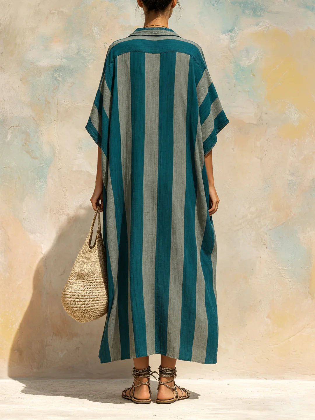Casual Retro Striped Linen And Cotton Dress