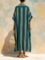 Casual Retro Striped Linen And Cotton Dress
