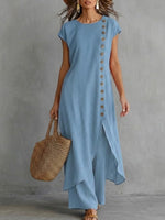 Casual Linen-cotton Long Top And Trousers Two-piece Set With Button Detailing