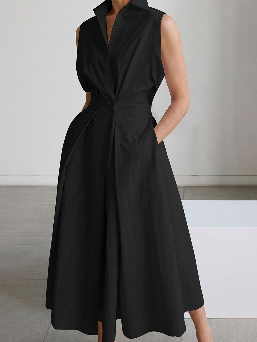 Women's Minimalist Solid-color V-neck Button-front Flared Dress
