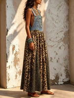 Women's Denim Patchwork Chiffon Leopard Print Suspender Maxi Dress