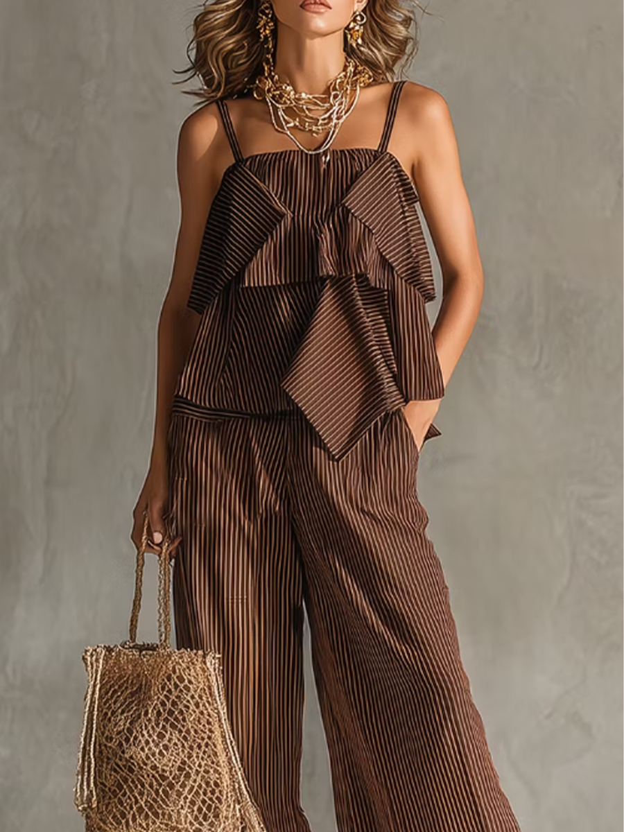 Vertical-stripe Ruffled Spaghetti-strap Top + Wide-leg Pants Set