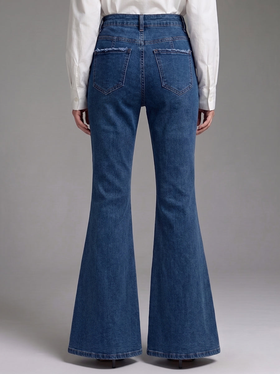 Women's Flared Denim Pants with Cutout Lace Paneling