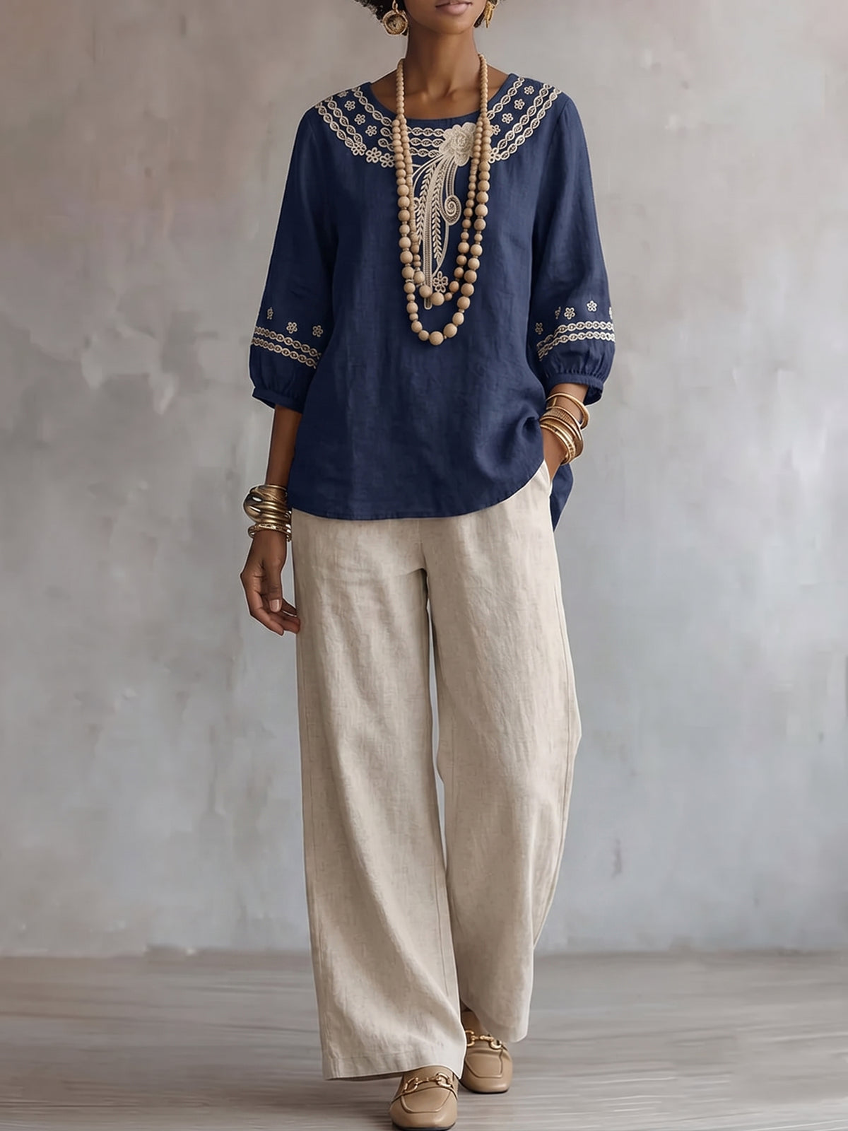Women's Embroidered Cotton-linen Top And Casual Wide-leg Pants Two-piece Set
