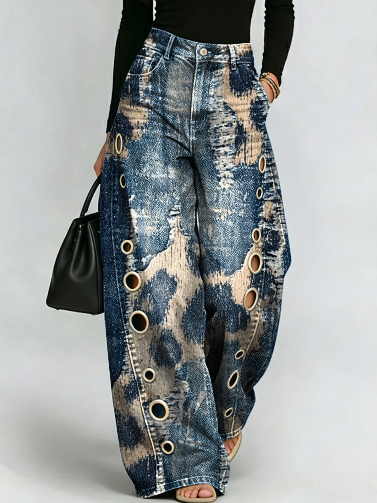 Vintage Leopard Print Eyelet Cutout Wide Leg Jeans
