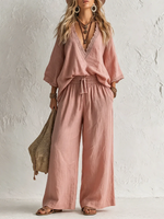 Boho Lace Trim V-neck Top With Wide-leg Pants Two-piece Set
