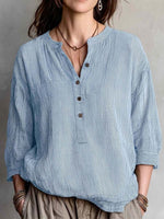 Women's Striped Print V-Neck 3/4-sleeve Casual Loose Cotton-linen Top