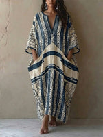 Abstract Line Print Cotton-linen Kaftan Maxi Dress With V-neck And Batwing Sleeves