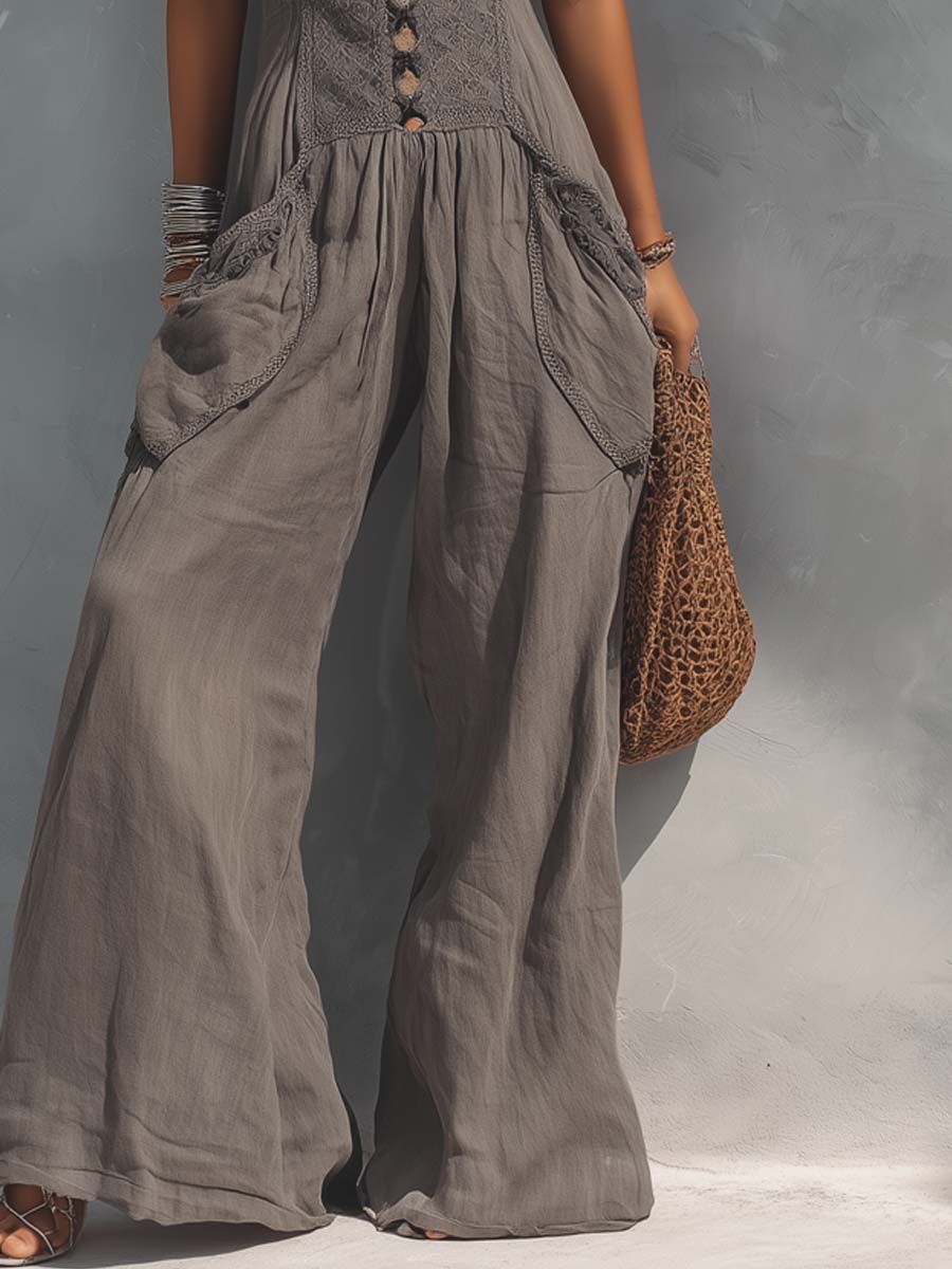 Vintage Washed Lace Cinched Waist Halter Jumpsuit