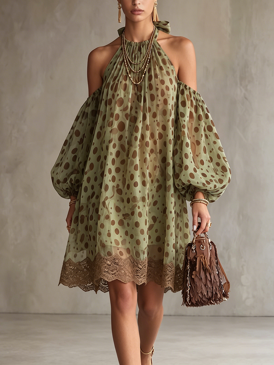 Boho Off-shoulder Halter Polka Dot Print Dress