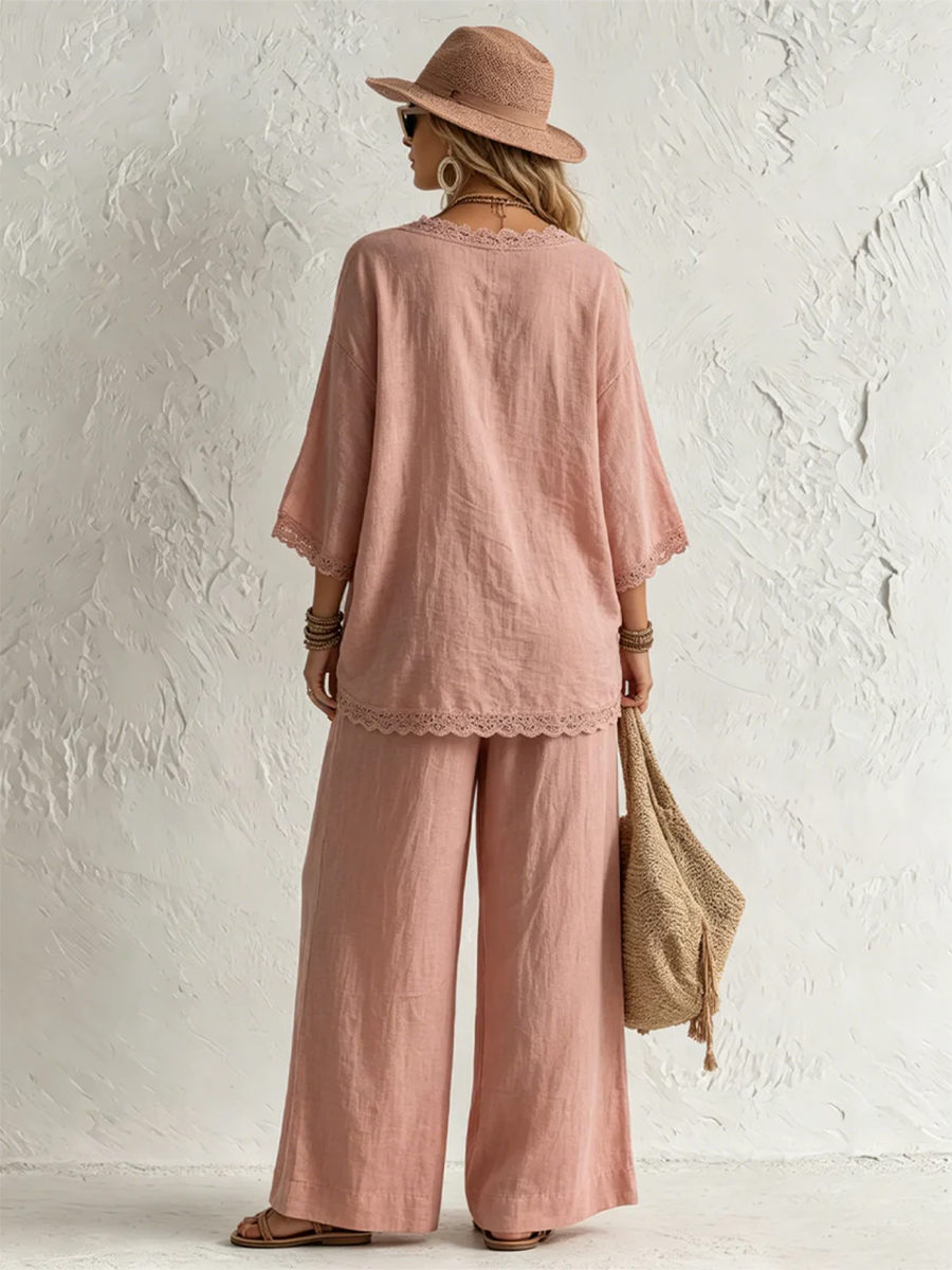 Boho Lace Trim V-neck Top With Wide-leg Pants Two-piece Set