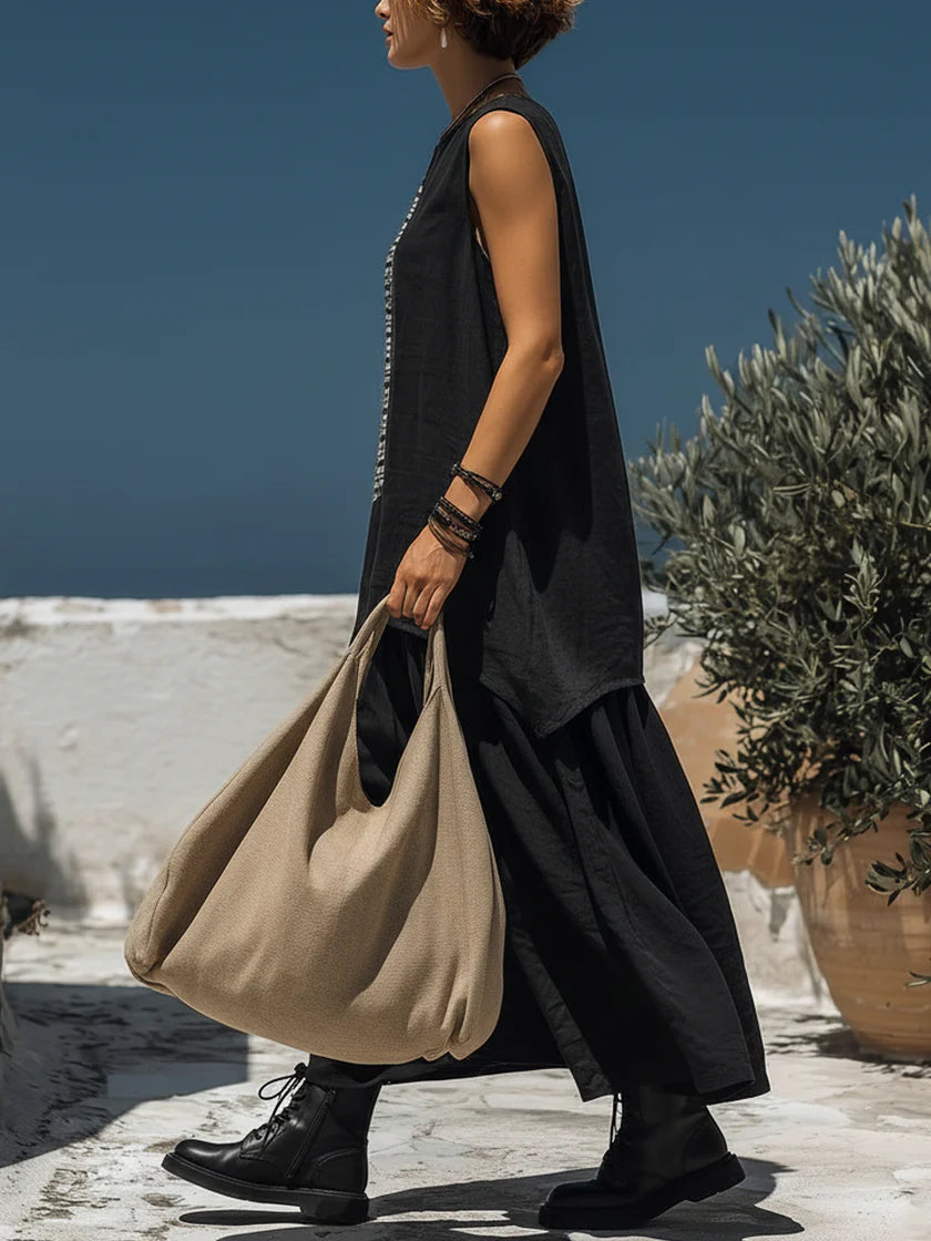 Casual Two-piece Set: Sleeveless Top And Skirt Featuring Black Linen-cotton And Plaid Patchwork
