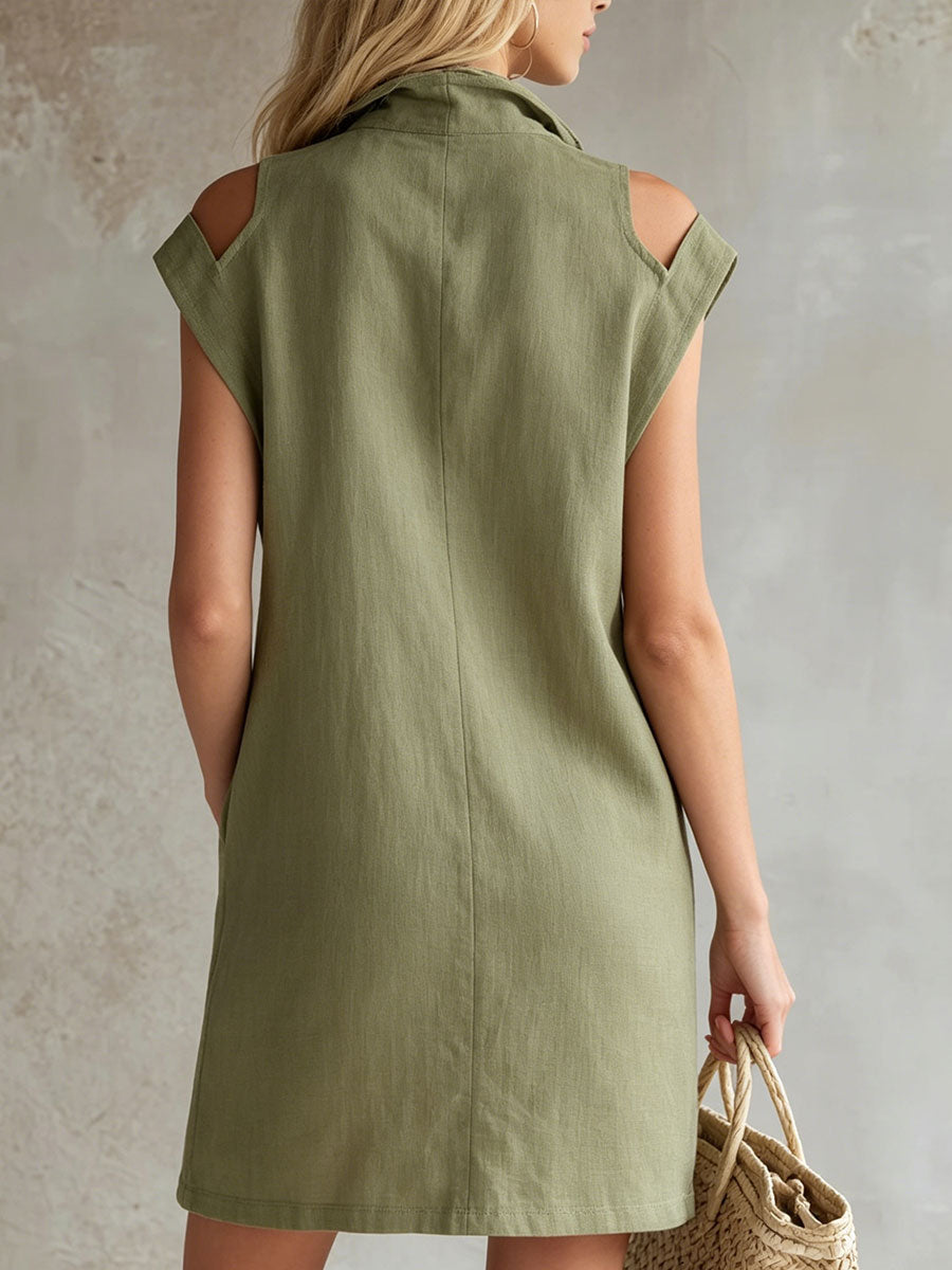 Women's Casual Retro Stand-collar Zip-front Cold-shoulder Sleeveless Dress
