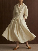 Beige Peter Pan Collar Pockets Cotton Dress Long Sleeve