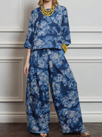 Women's Vintage-print Round-neck 3/4-sleeve Loose-fit Cotton-linen Top & High-waisted Wide-leg Pants Set